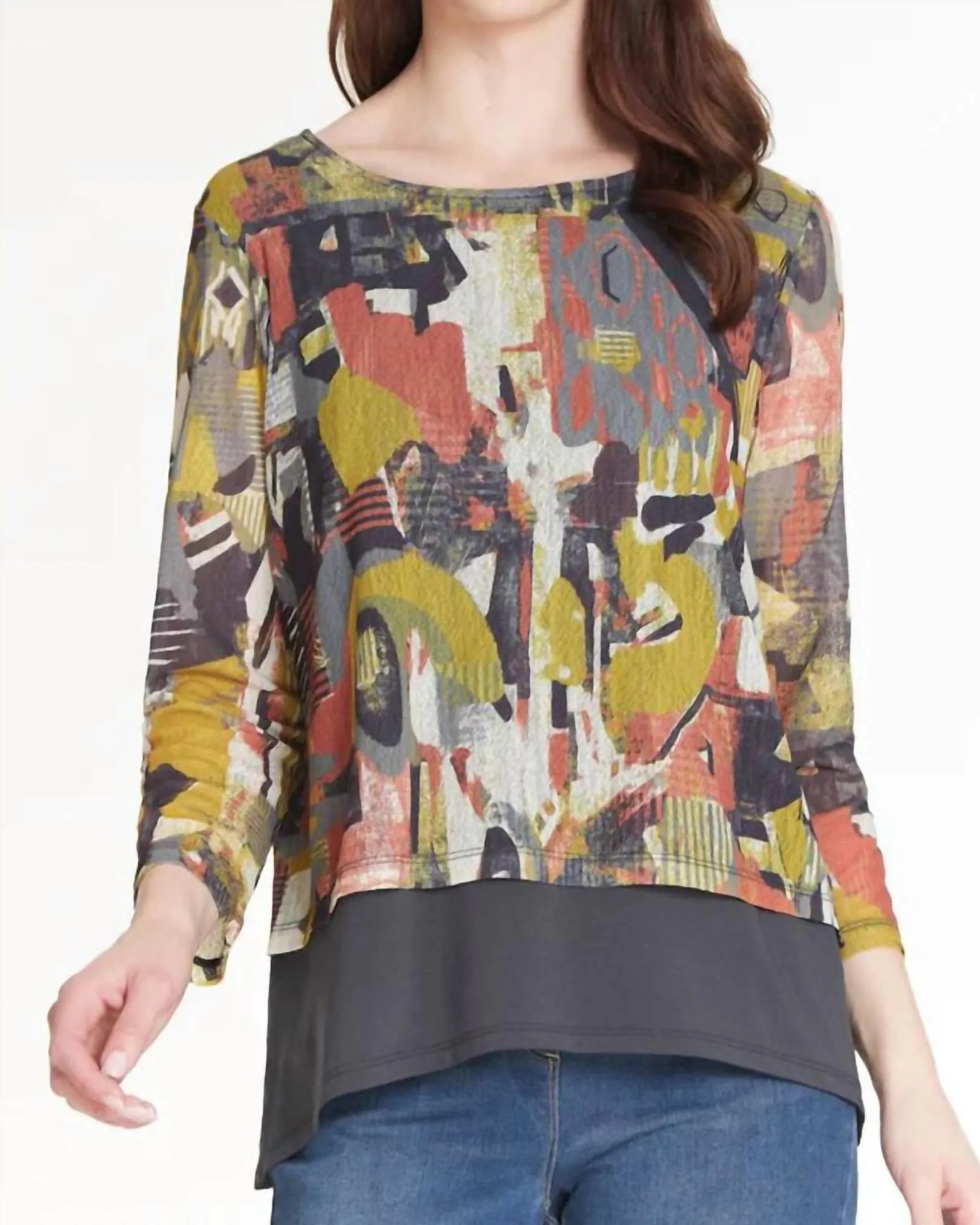 3/4 Sleeve Scoop Neck Layered Hi-Lo Print Solid Knit Top in Multi | Multi