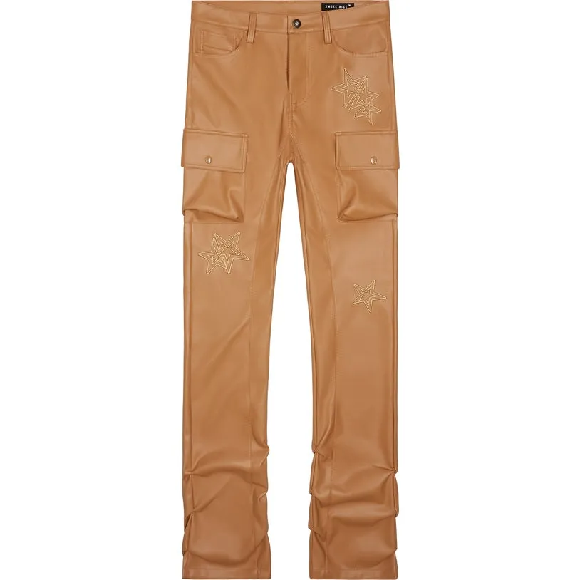 3D Embroidered Cargo Vegan Leather Pants - Tan