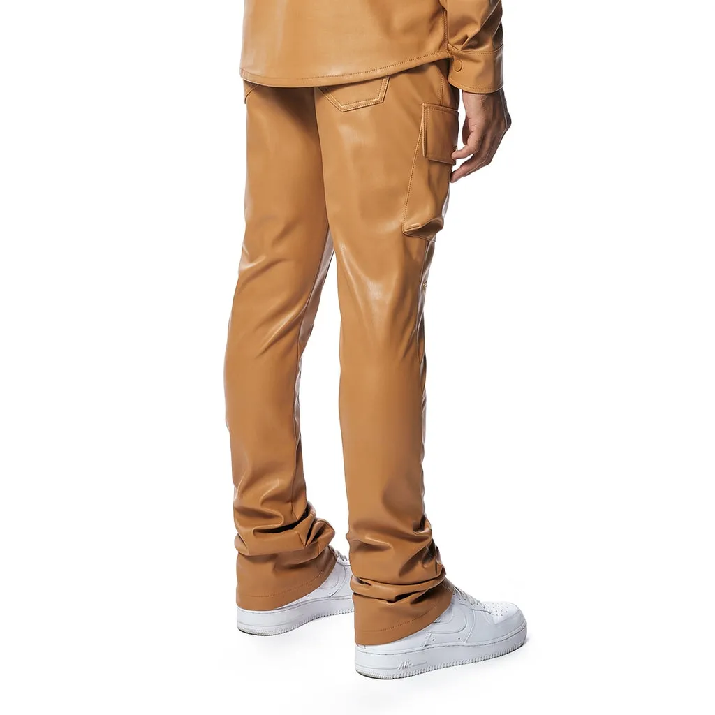 3D Embroidered Cargo Vegan Leather Pants - Tan