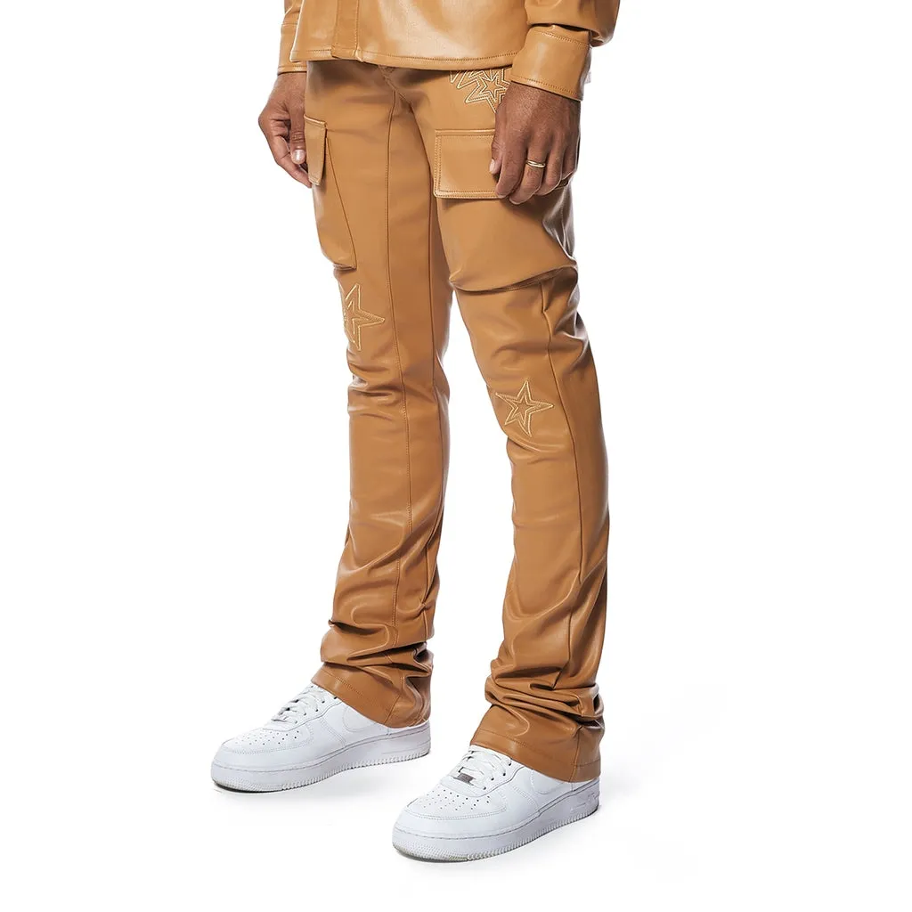 3D Embroidered Cargo Vegan Leather Pants - Tan