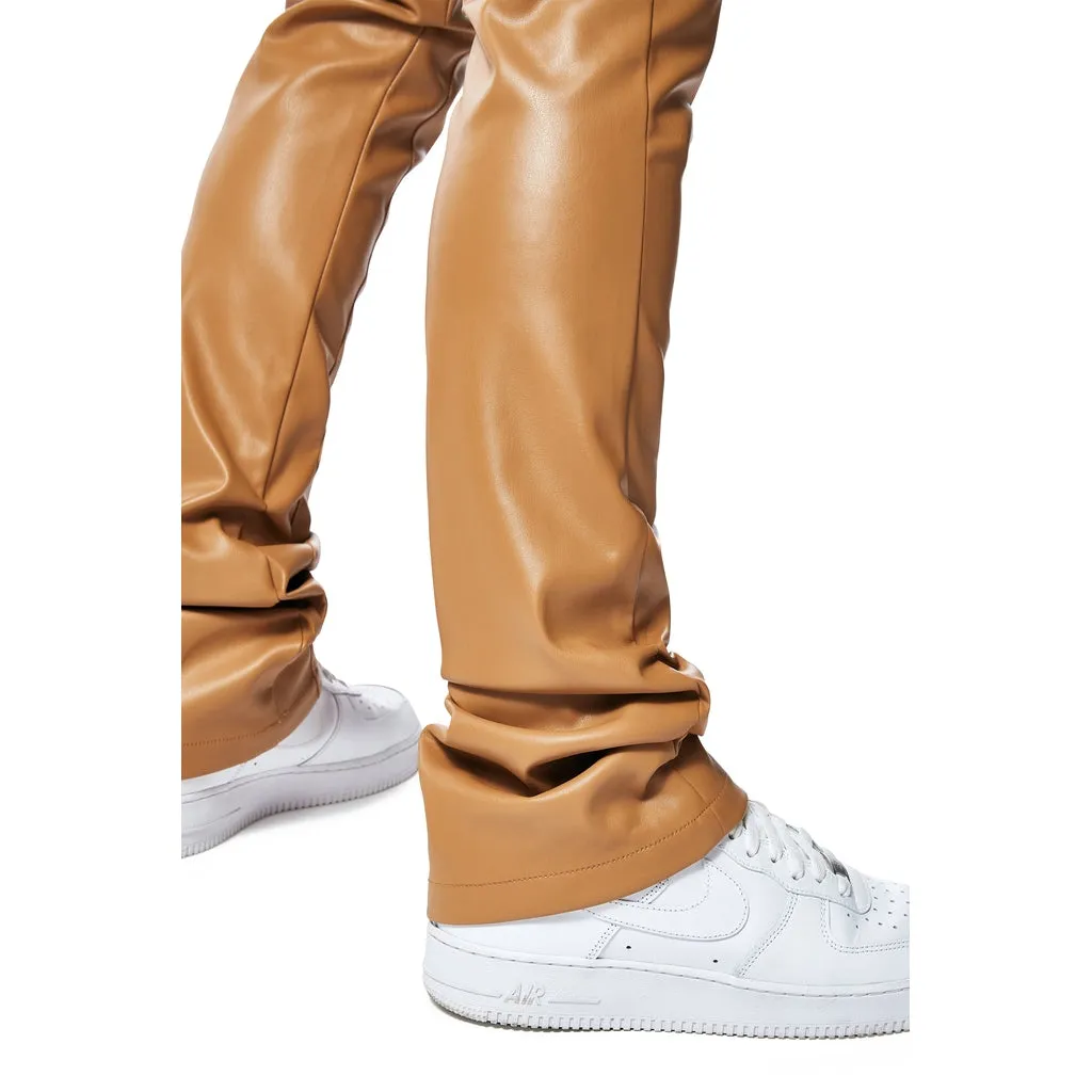 3D Embroidered Cargo Vegan Leather Pants - Tan