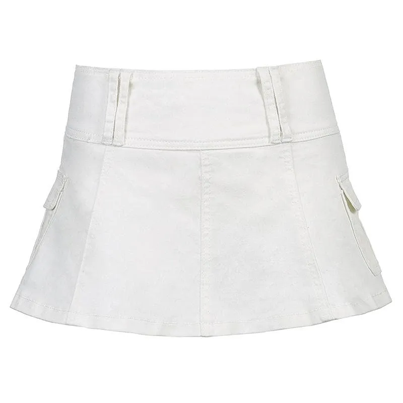 A line zip-up cargo pocket solid medium rise denim midi skirt