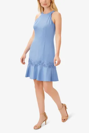 Adrianna Papell Halter Neck Sleeveless Tie Back Flounce Hem with Lace Trim Hook & Zipper Back Closure Solid Stretch Knit Crepe Dress