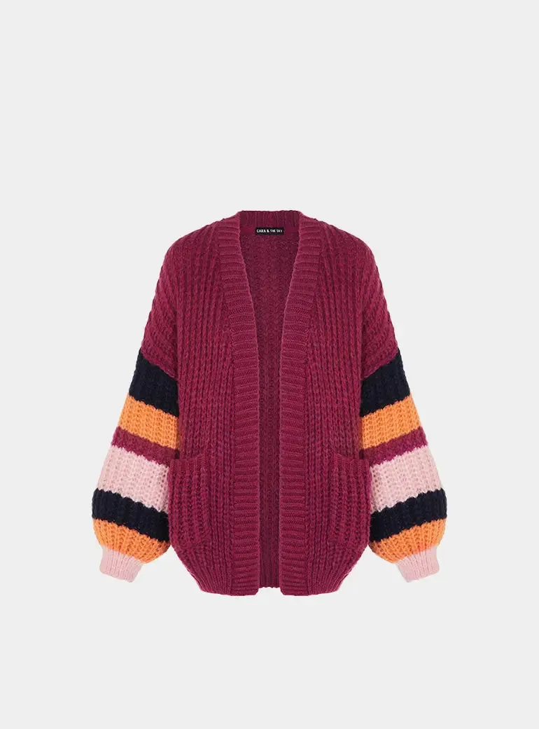 Allie Chunky Stripe Sleeve Cardigan - Berry