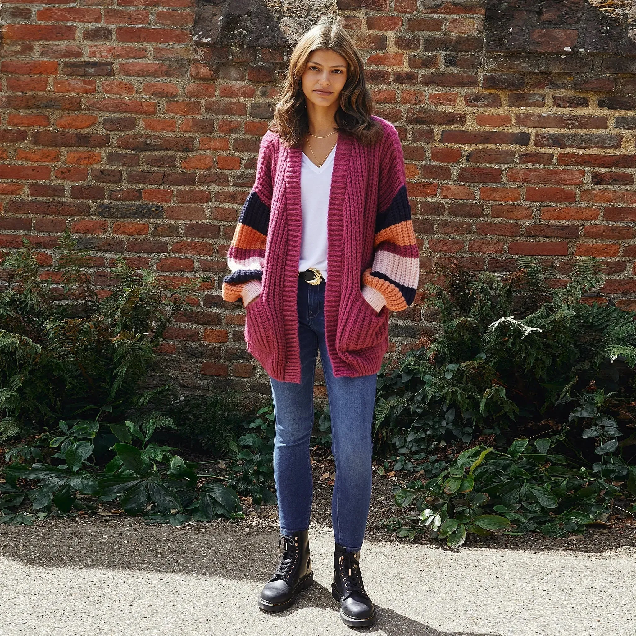 Allie Chunky Stripe Sleeve Cardigan - Berry