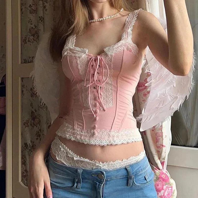 Amozae Girly Y2K Tie Up Lace Tank Top with Lace Patchwork Skinny Pink Square Collar Women Cropped Vest Chic Streetwear Fairy