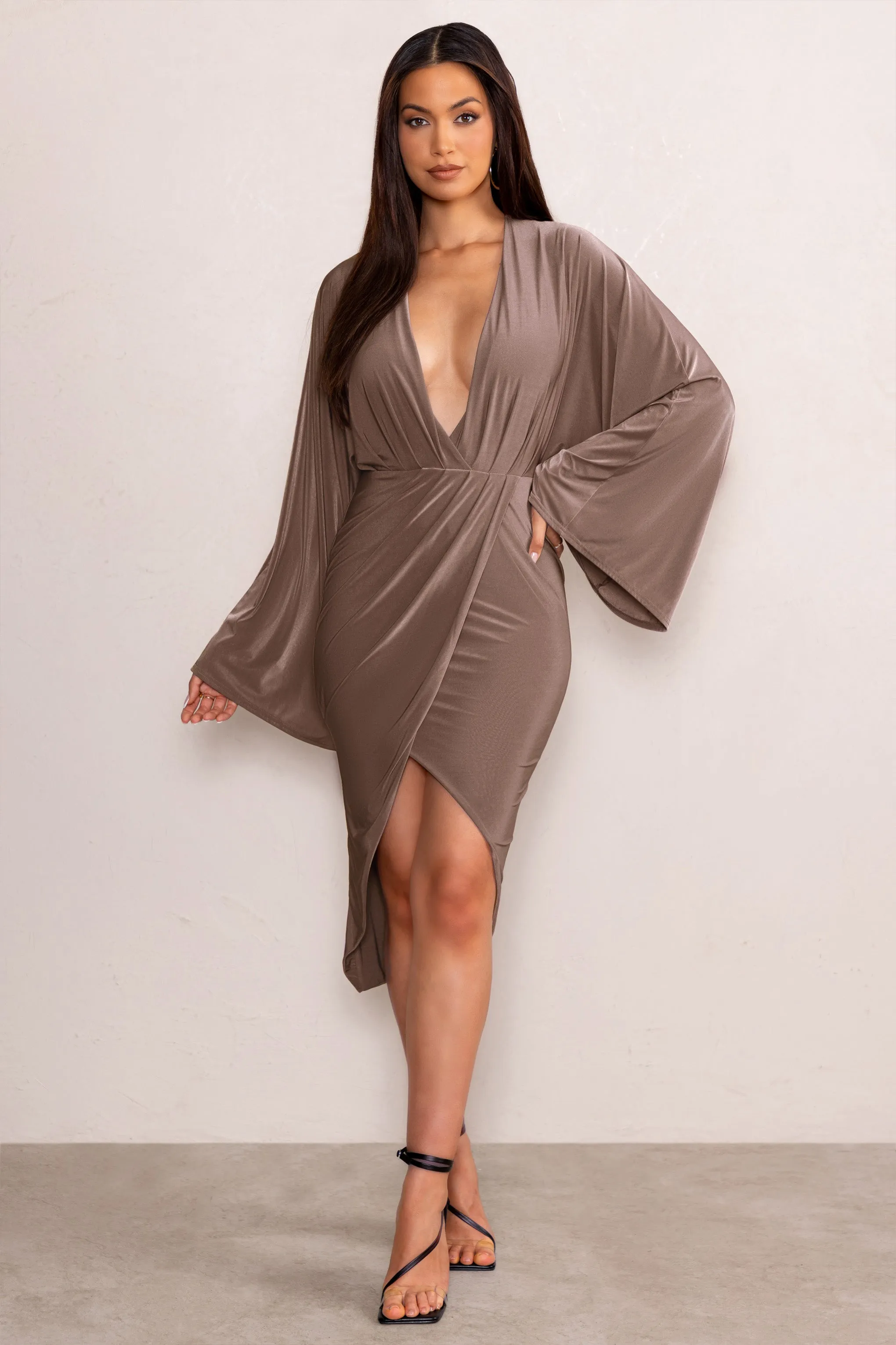 Audriana | Mocha Plunge Neck Midi Wrap Dress