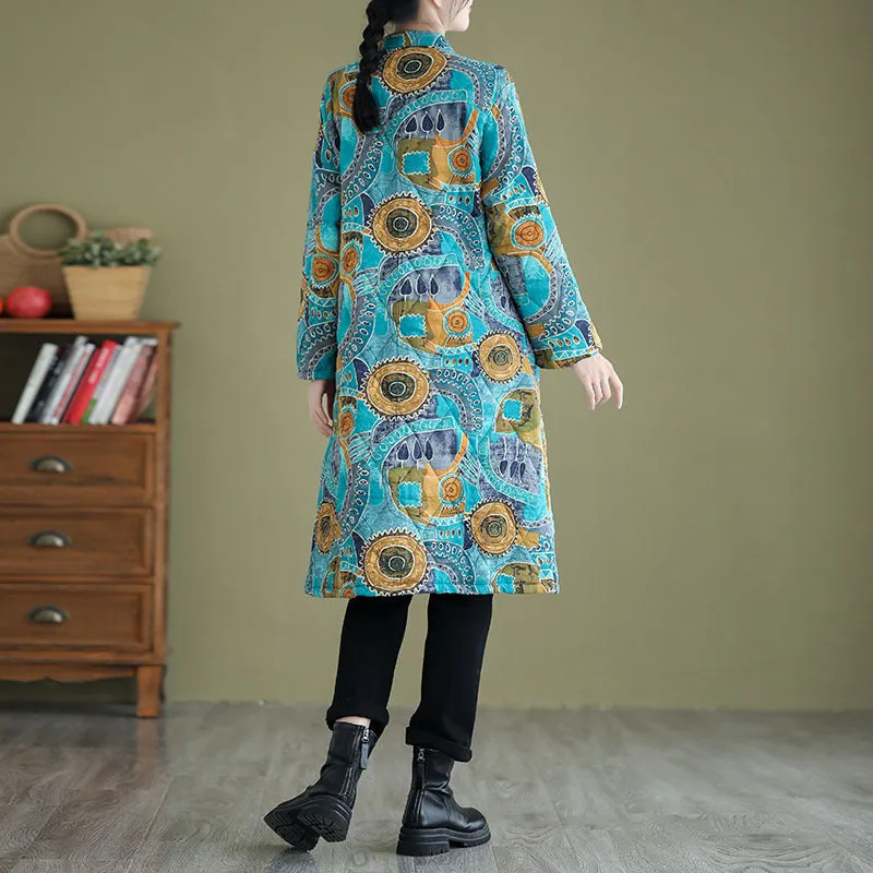 Babakud Women Winter Retro Loose Cotton Linen Printed Quilted Coat