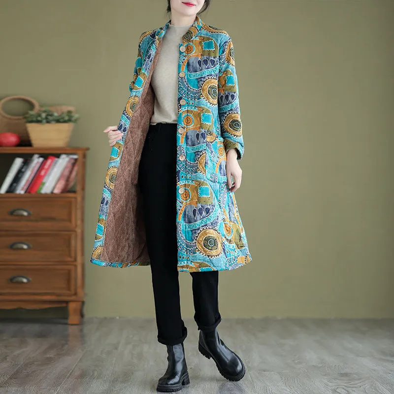 Babakud Women Winter Retro Loose Cotton Linen Printed Quilted Coat