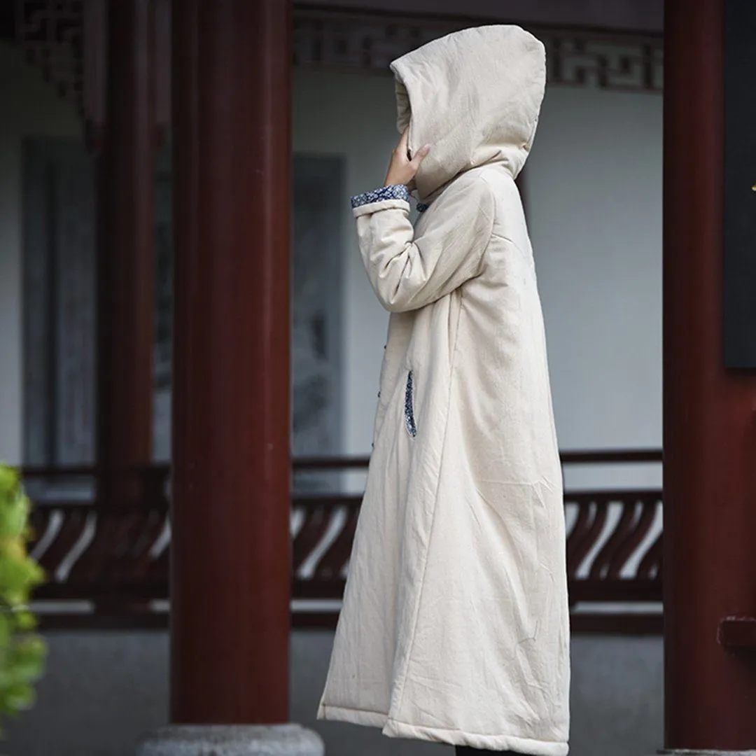 Babakud Women Winter Simple Cotton Linen Hooded Quilted Coat