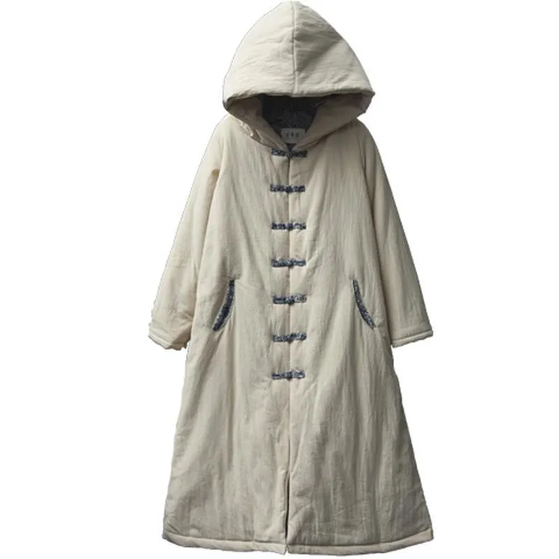 Babakud Women Winter Simple Cotton Linen Hooded Quilted Coat