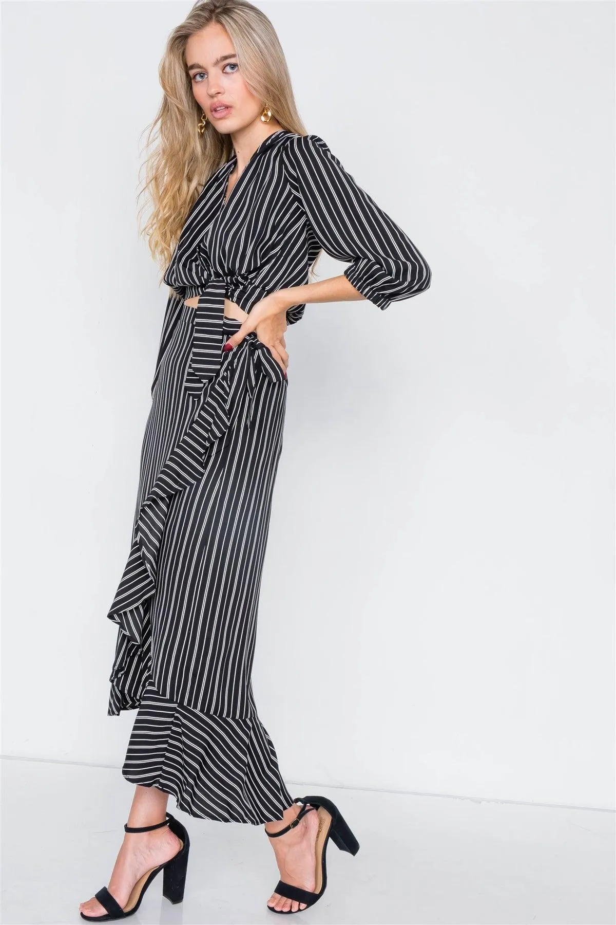 Black & White Stripe Crop V-Neck & Mock Wrap Midi Skirt Set /1-1-2