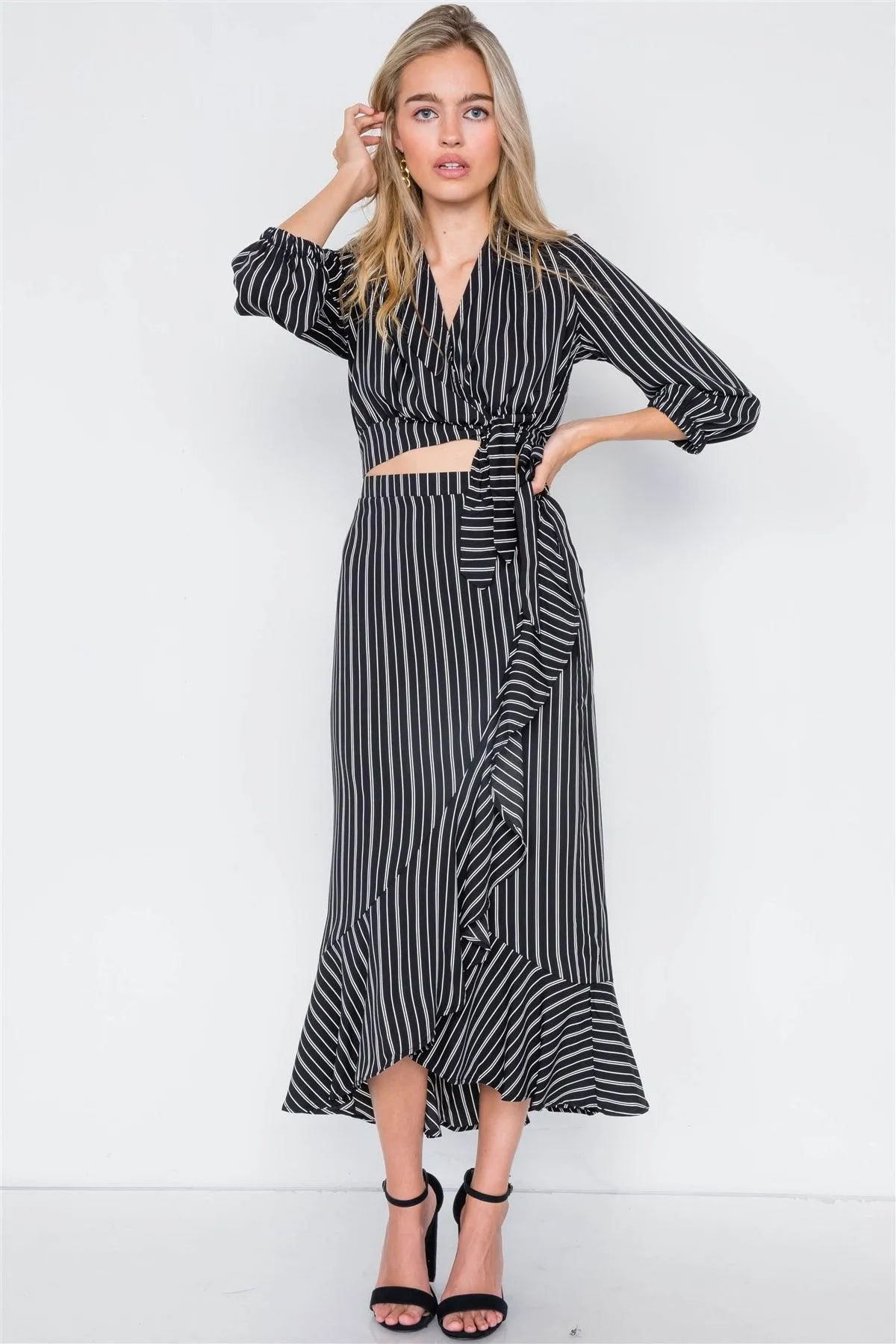 Black & White Stripe Crop V-Neck & Mock Wrap Midi Skirt Set /1-1-2