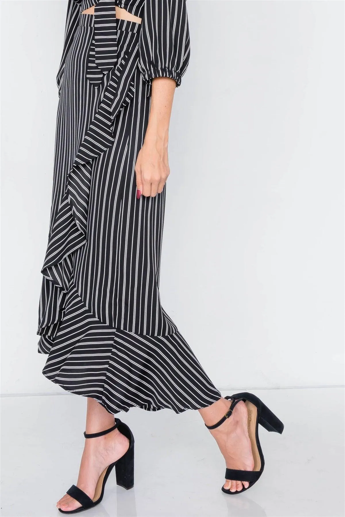 Black & White Stripe Crop V-Neck & Mock Wrap Midi Skirt Set /1-1-2