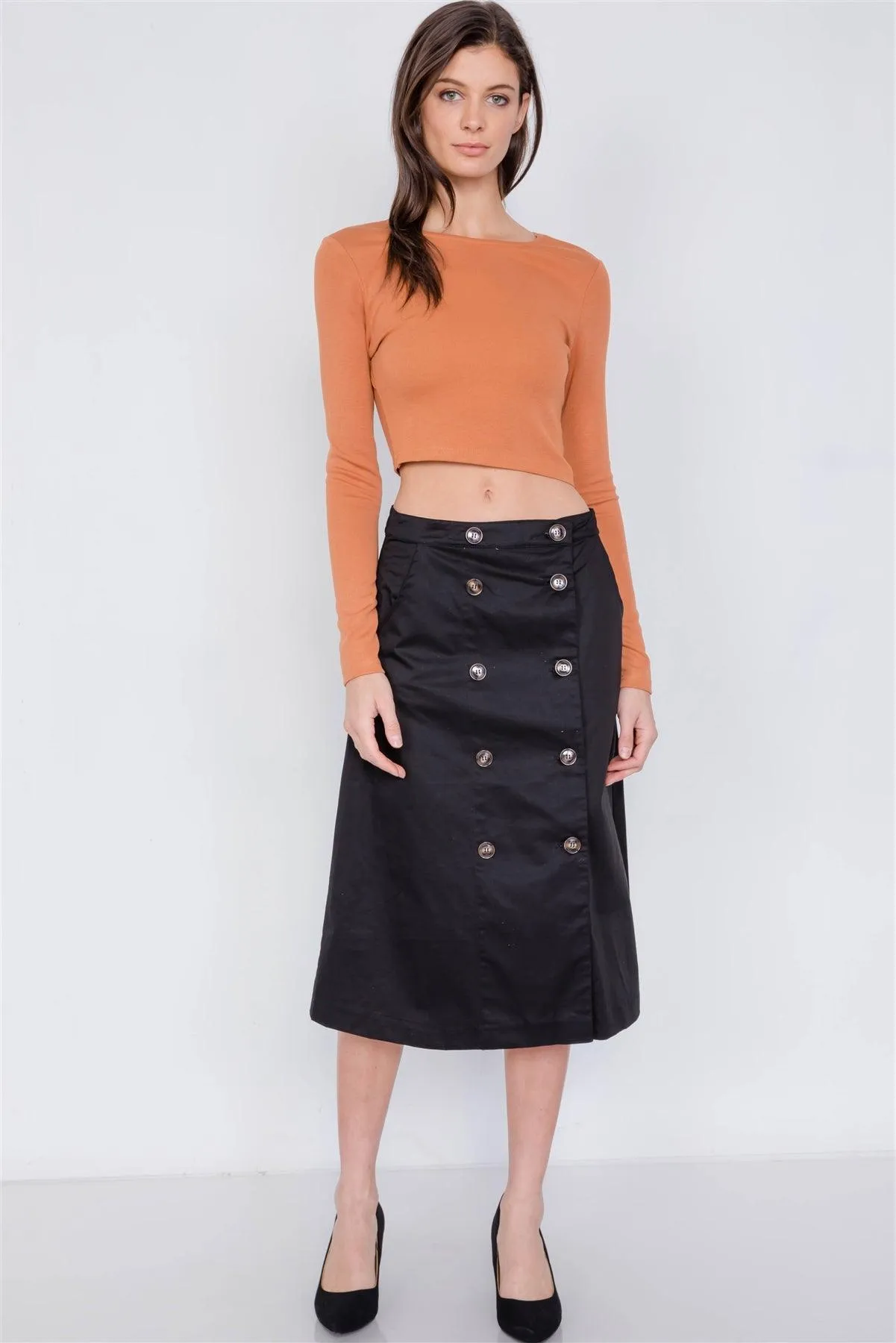 Black Double Button Cotton A-Line Midi Skirt /2-2-2