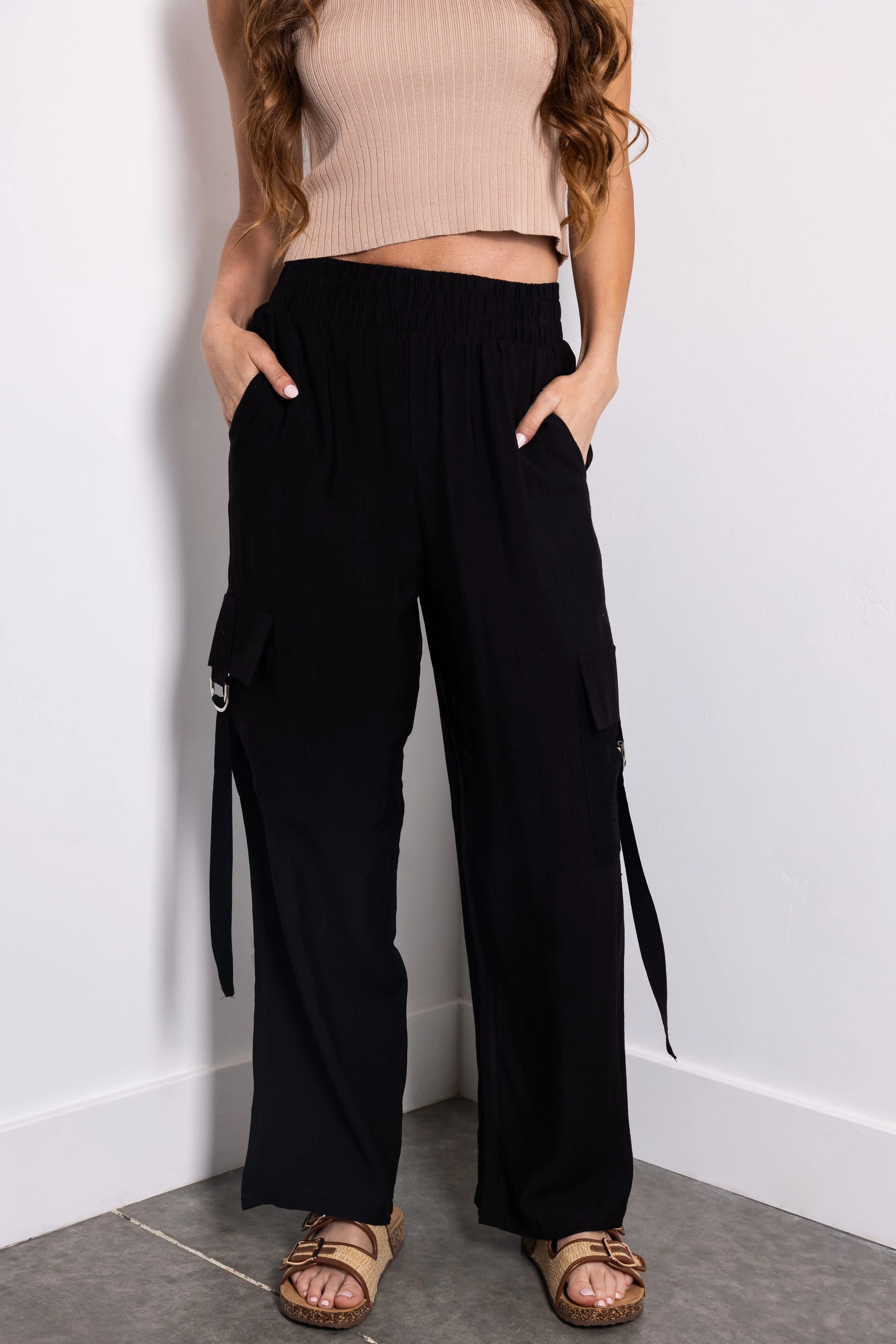 Black Faux Linen Wide Leg Cargo Pants