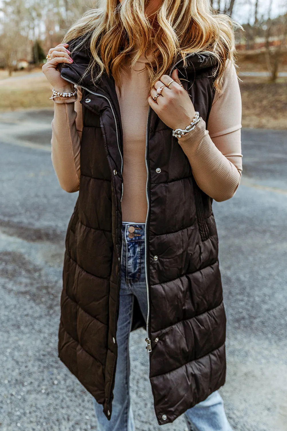 Black Hooded Pocketed Quilted Long Vest Coat