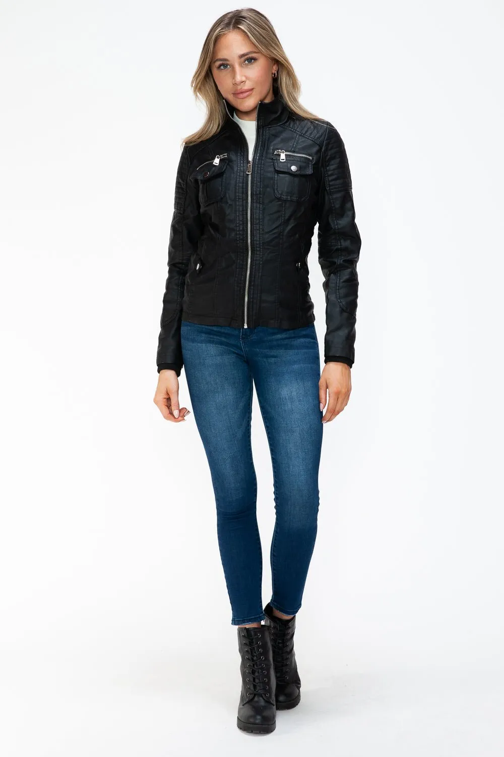 Black Multi-Pocket Vegan Leather Jacket