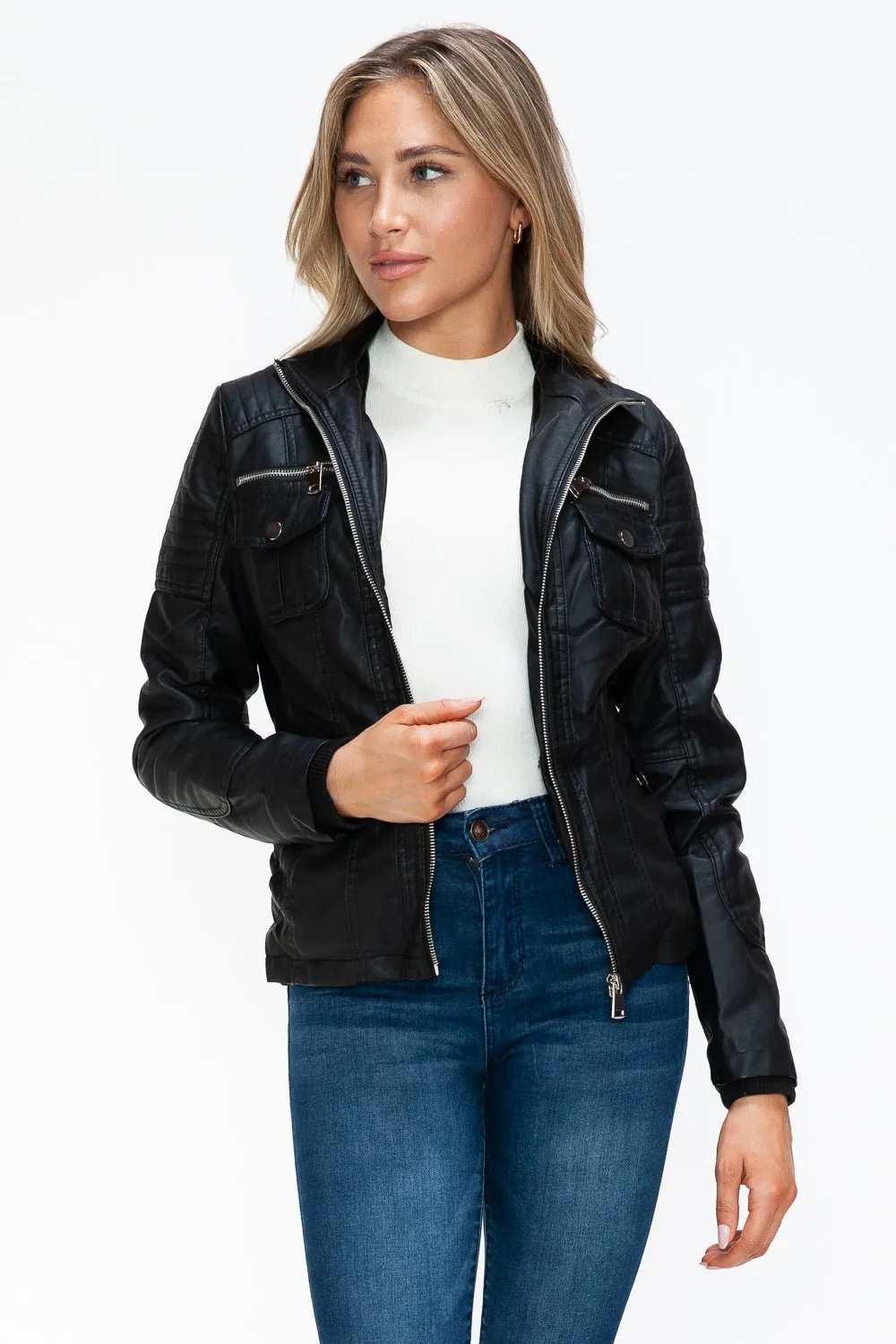 Black Multi-Pocket Vegan Leather Jacket