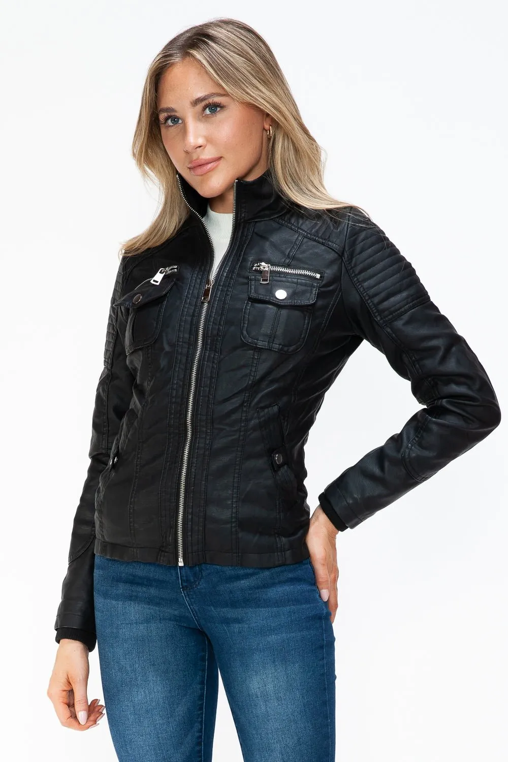 Black Multi-Pocket Vegan Leather Jacket