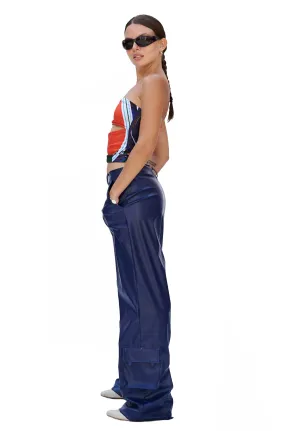 BLUE FAUX LEATHER CARGO PANTS