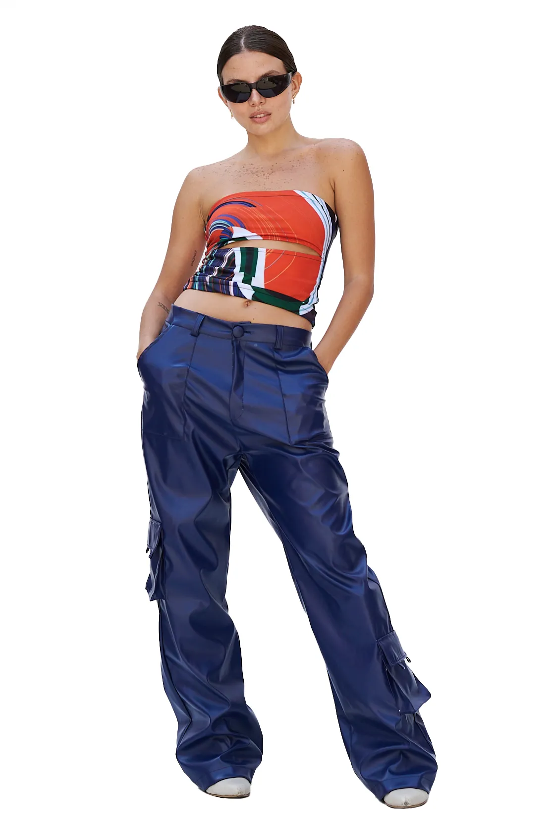 BLUE FAUX LEATHER CARGO PANTS