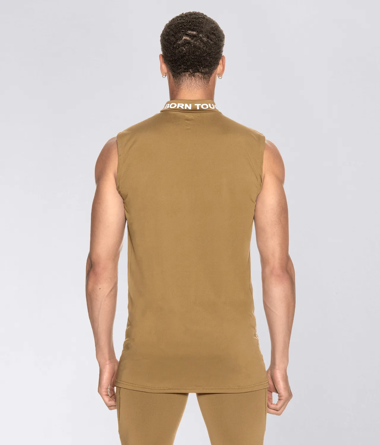 Born Tough Mock Neck Sleeveless Base Layer Crossfit Shirt For Men Khaki