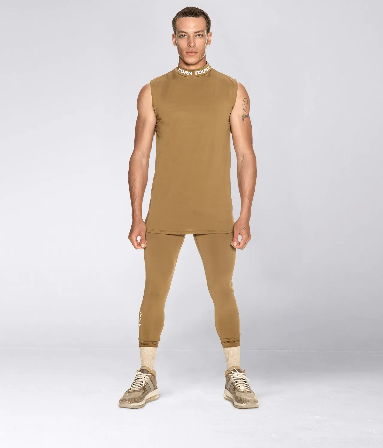 Born Tough Mock Neck Sleeveless Base Layer Crossfit Shirt For Men Khaki