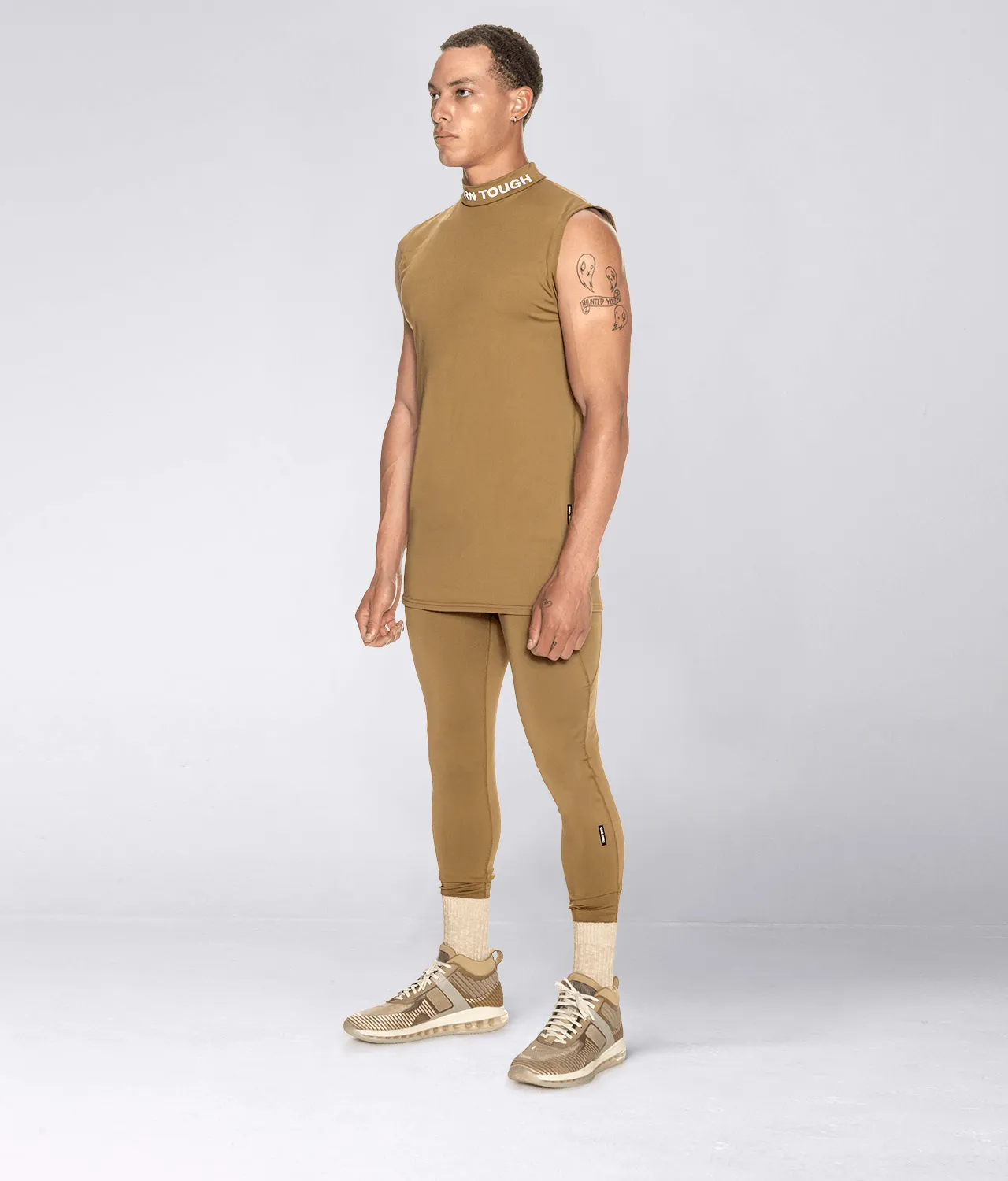 Born Tough Mock Neck Sleeveless Base Layer Crossfit Shirt For Men Khaki