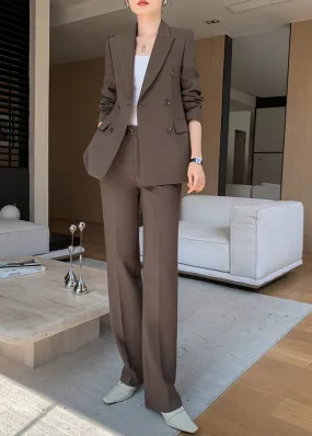 Brown Double Breasted Blazer Wide Pants Suit Two-Piece Set