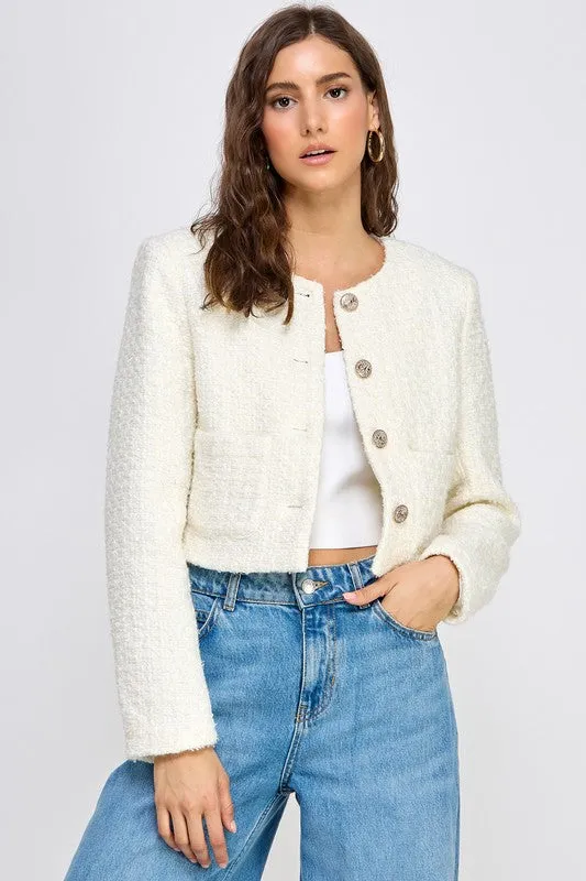 Cecily Long Sleeve Tweed Cropped Jacket Ivory