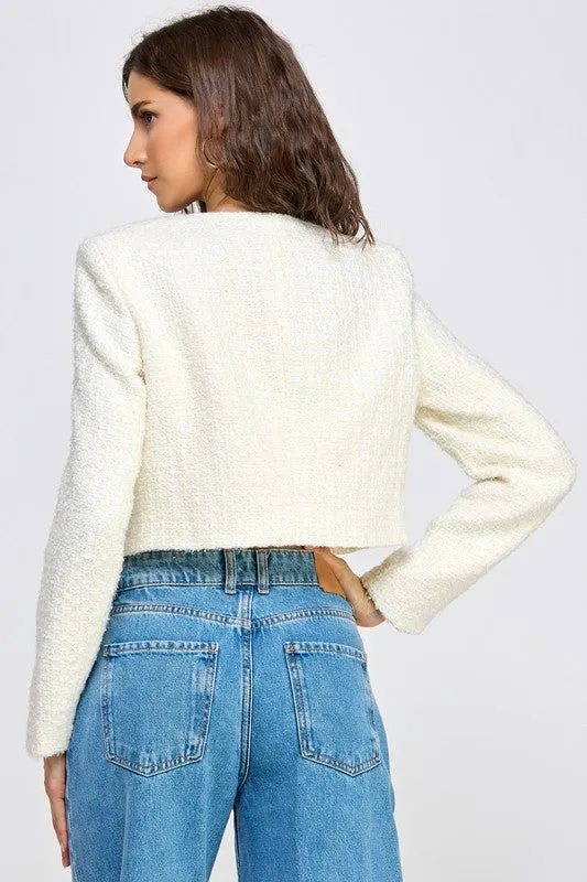 Cecily Long Sleeve Tweed Cropped Jacket Ivory