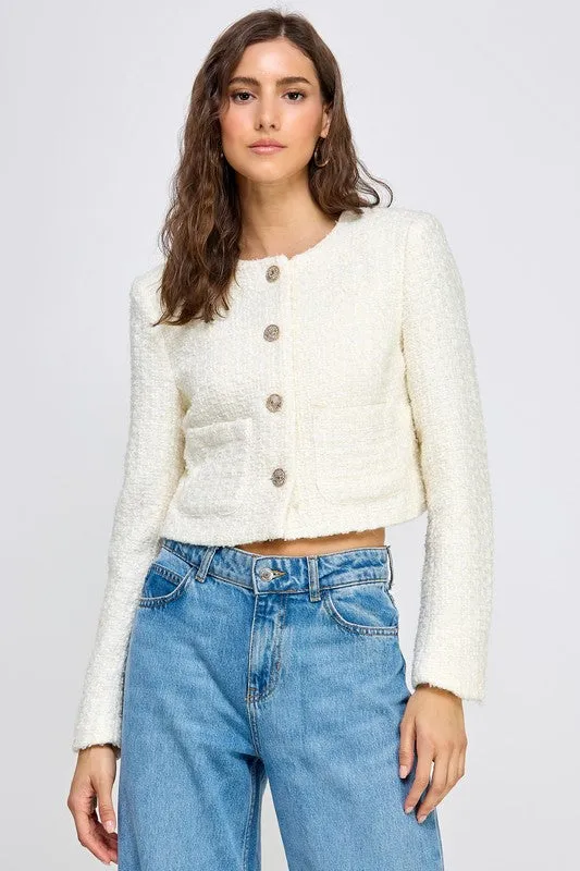 Cecily Long Sleeve Tweed Cropped Jacket Ivory