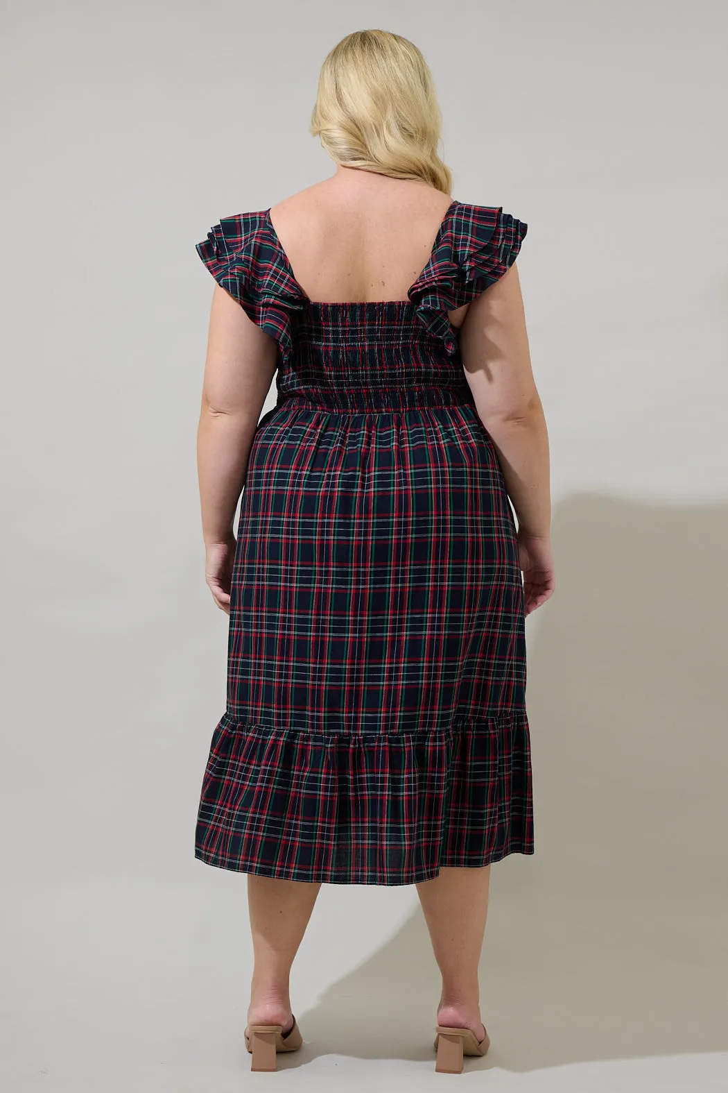 Chapman Plaid Girona Smocked Ruffle Midi Dress Curve