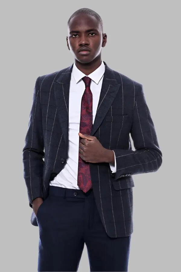 Checked Navy Blue Slim-Fit Blazer - Wessi