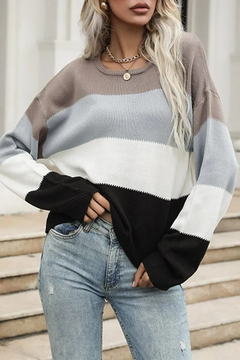 COLOR BLOCK LOOSE FIT CASUAL SWEATER TOP