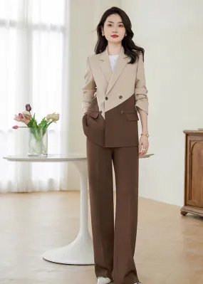 Color Match Double Breasted Blazer Wide Pants Suit Two-Piece Set