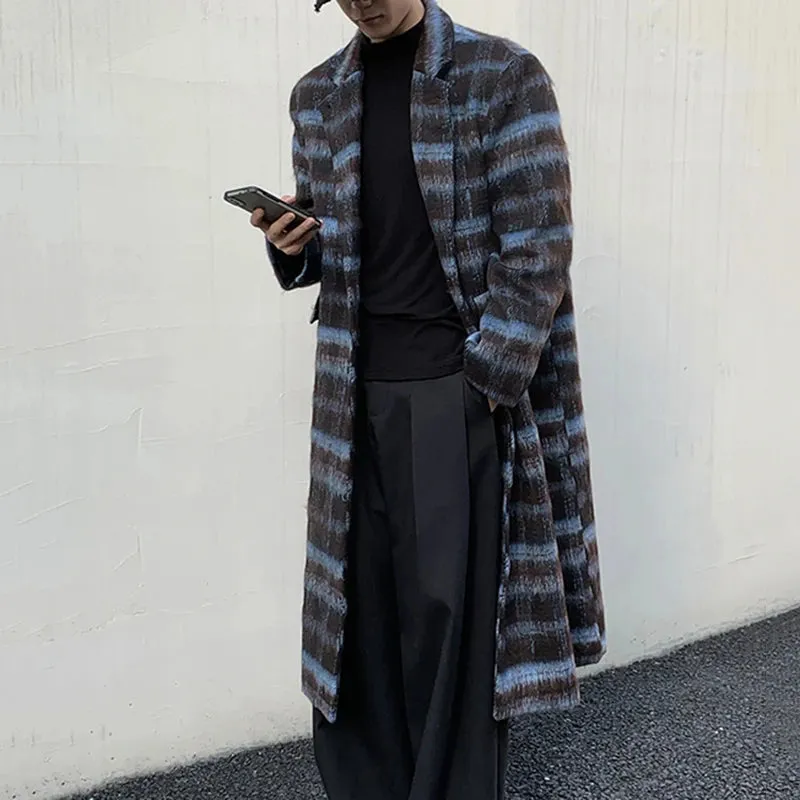 Contrast Color Male Overcoats Korean Fashion Lapel Plaid Casual Men's Long Woolen Coats Trendy Winter Chic 9C3923