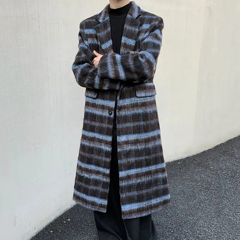 Contrast Color Male Overcoats Korean Fashion Lapel Plaid Casual Men's Long Woolen Coats Trendy Winter Chic 9C3923