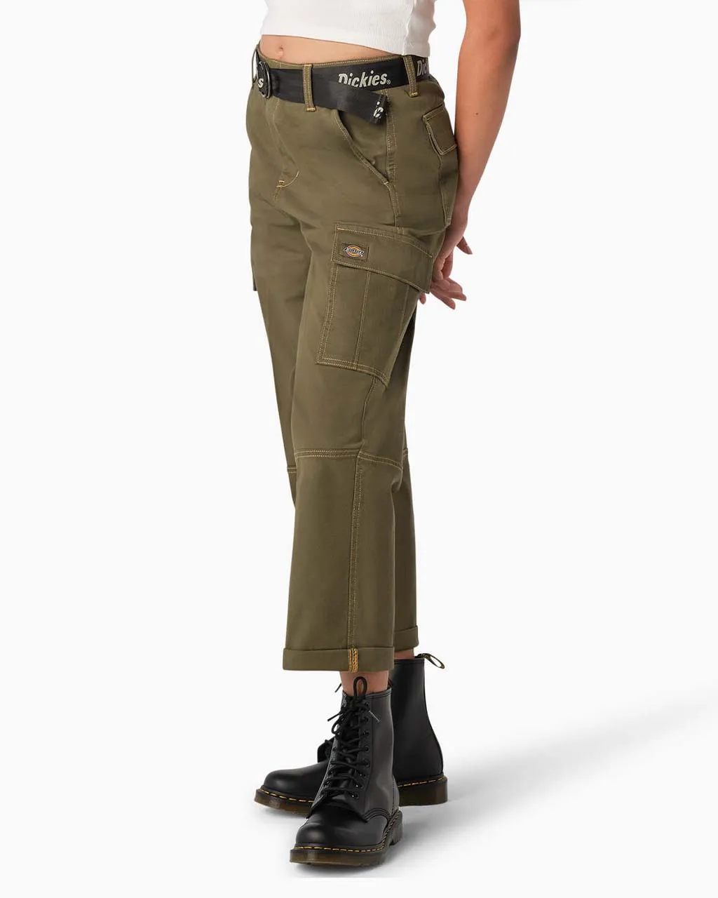 Contrast Stitch Cropped Cargo Pants - Military Green