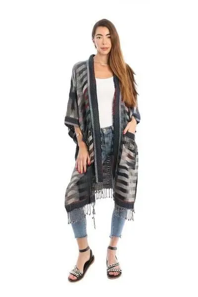 Cotton Retro Striped Fringe Long Jacket