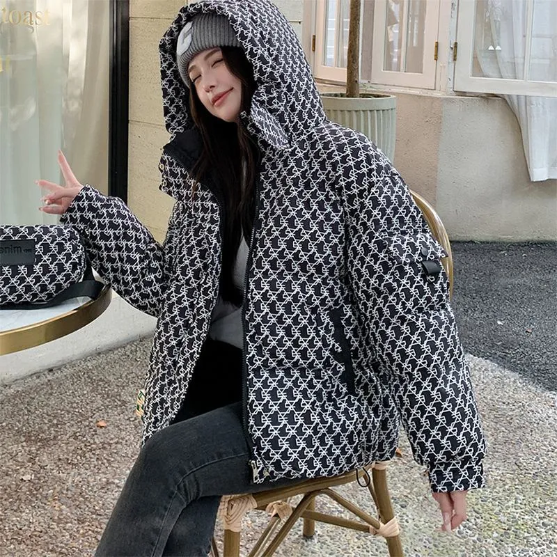 Cropped Thickened Houndstooth Puffer Jacket