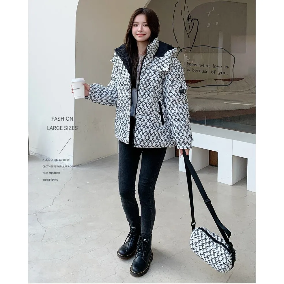 Cropped Thickened Houndstooth Puffer Jacket