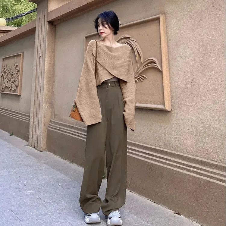 Cross Knit Sweater Shirt High Waist Pants Three Piece Set