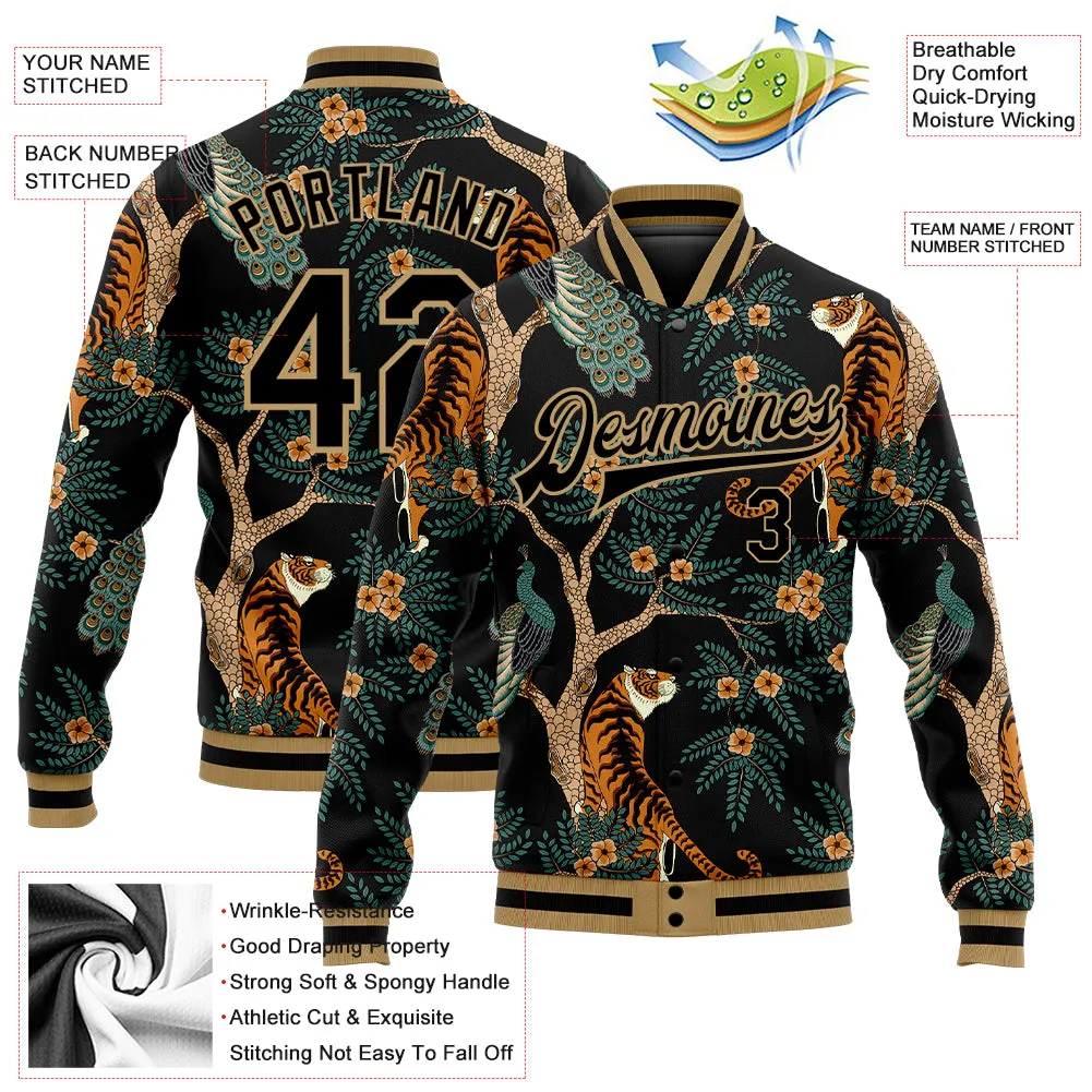 Custom Black Black-Old Gold Tiger And Peacock 3D Pattern Design Bomber Full-Snap Varsity Letterman Jacket