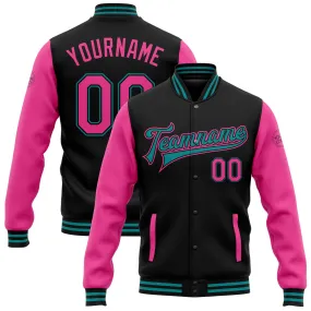 Custom Black Pink-Teal Bomber Full-Snap Varsity Letterman Two Tone Jacket