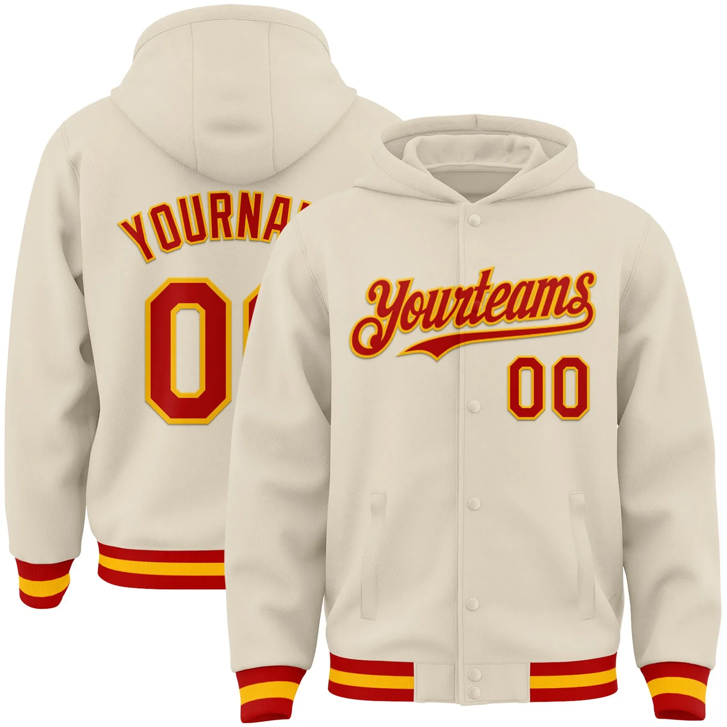 Custom Cream Red-Gold Bomber Full-Snap Varsity Letterman Hoodie Jacket