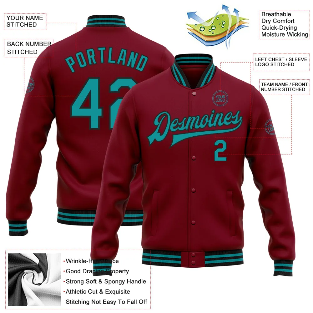 Custom Crimson Teal-Black Bomber Full-Snap Varsity Letterman Jacket