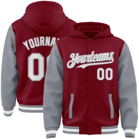 Custom Crimson White-Gray Bomber Full-Snap Varsity Letterman Two Tone Hoodie Jacket