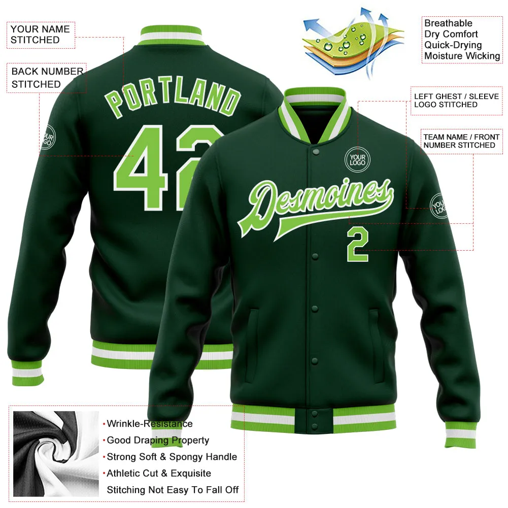 Custom Green Neon Green-White Bomber Full-Snap Varsity Letterman Jacket